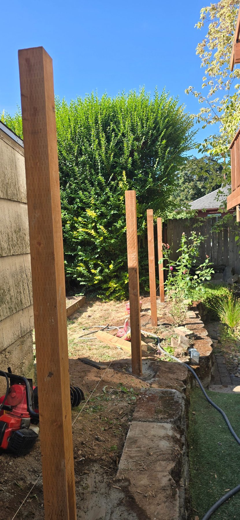 New wood fence posts set in concrete on a string line