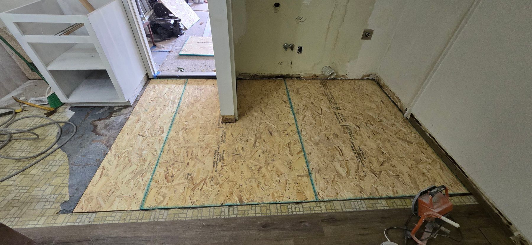 Damaged subfloor rebuilt with new plywood before new flooring