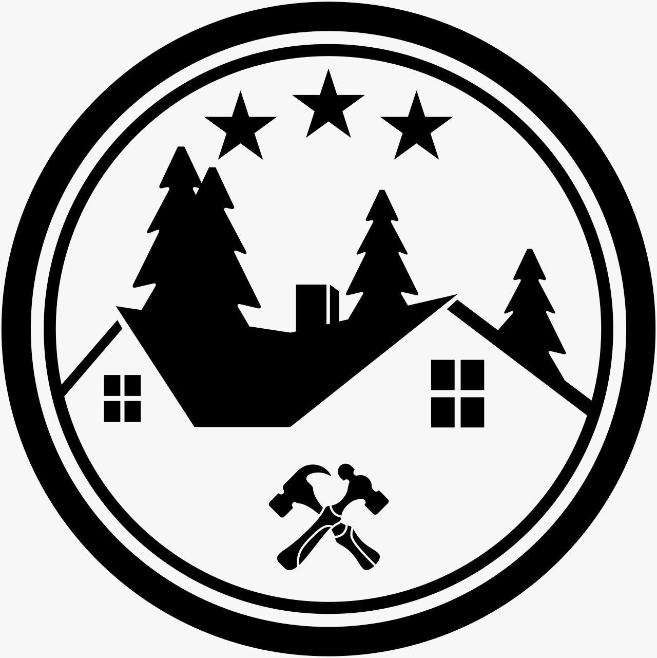 Black logo featuring 3 of 3 stars in the sky above a house with crossed hammers, on a white field.